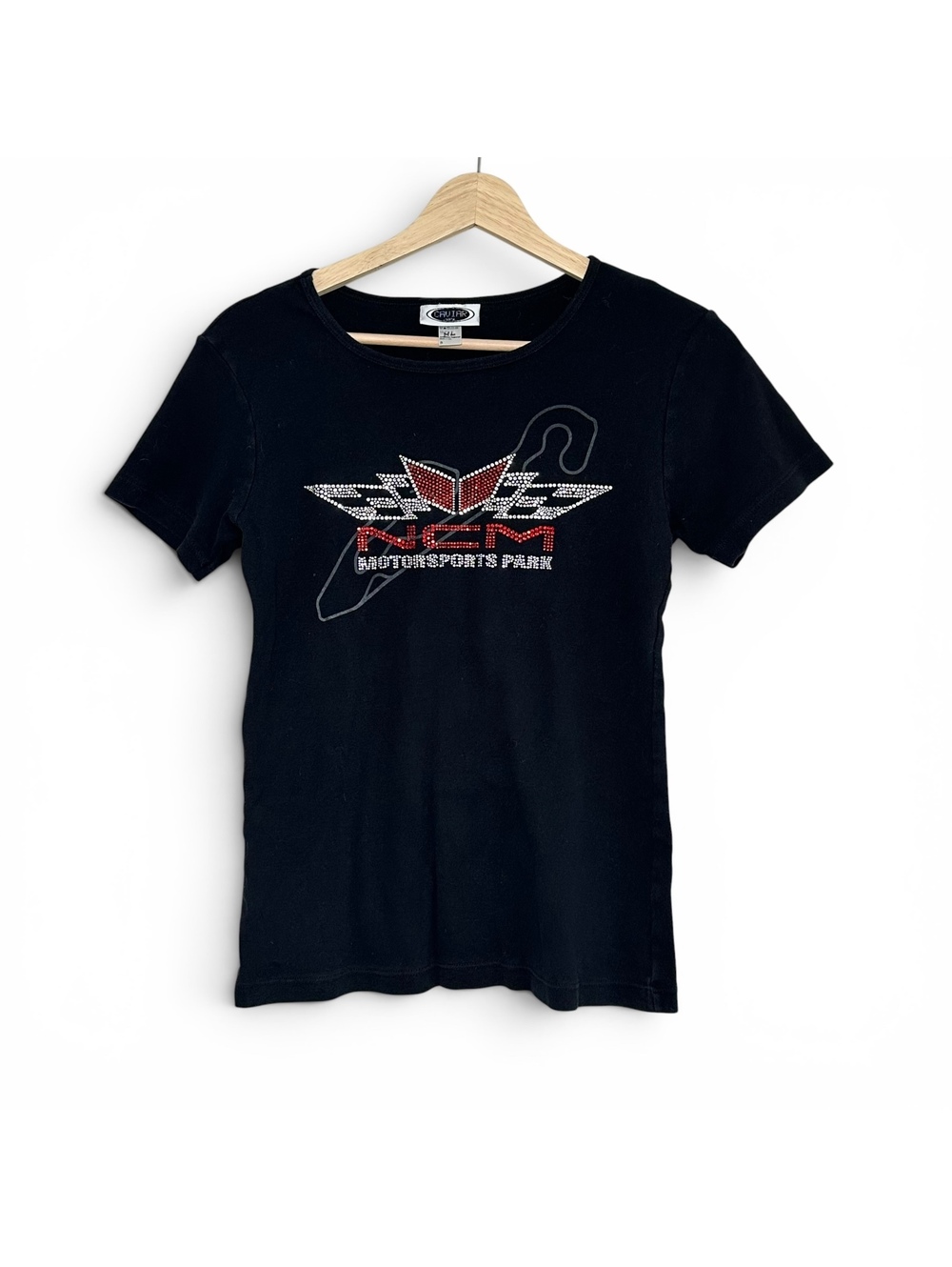 Y2K NCM Motorsports Rhinestone Baby Tee Black Racing Graphic Shirt Corvette